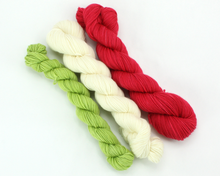 Load image into Gallery viewer, Stripey Sock Set--Christmas red, White and Spring Green Sock Set--Hand-Dyed Yarn (fingering weight)
