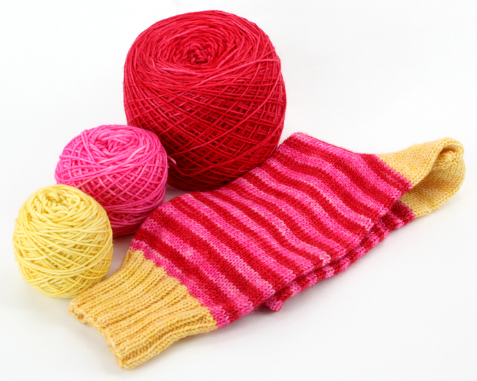 Stripey Sock Set--Red, Pink and Yellow Sock Set--Hand-Dyed Yarn (fingering weight)
