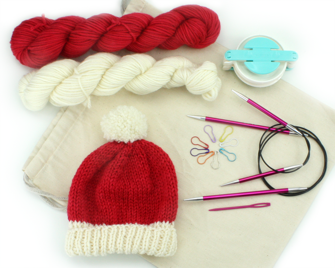 Beginner Knit Kit—Classic Beanie Style Hat (with beautiful Christmas red hand-dyed yarn)