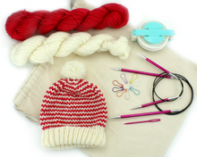 Load image into Gallery viewer, Beginner Knit Kit—Classic Striped Beanie Style Hat (with beautiful Christmas red hand-dyed yarn)
