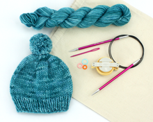 Load image into Gallery viewer, Beginner Knit Kit—Classic Beanie Style Hat (with beautiful teal hand dyed yarn)
