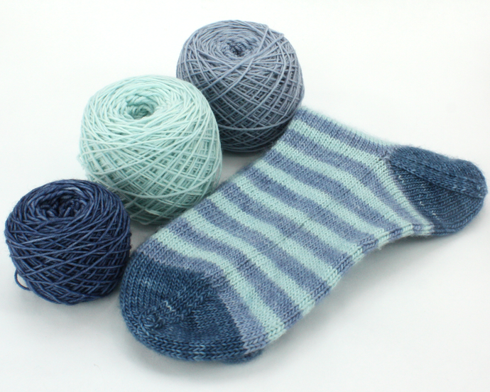 Stripey Sock Set--Navy, Light Baby and Blue Skies--Hand-Dyed Yarn (fingering weight)