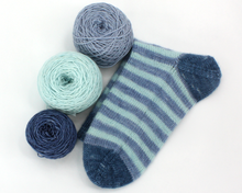 Load image into Gallery viewer, Stripey Sock Set--Navy, Light Baby and Blue Skies--Hand-Dyed Yarn (fingering weight)
