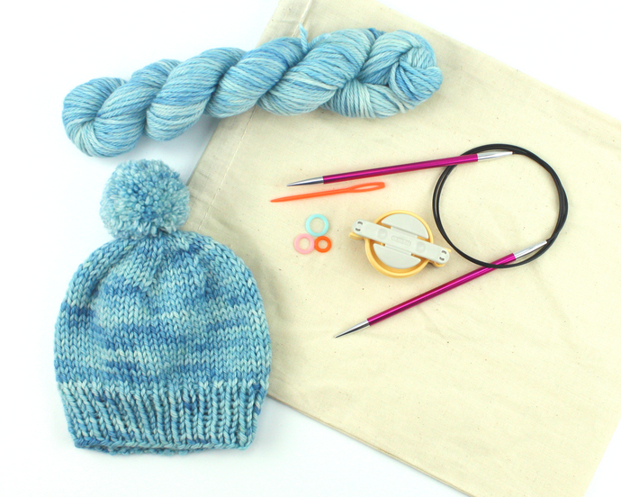 Beginner Knit Kit—Classic Beanie Style Hat (with beautiful blue hand-dyed yarn)