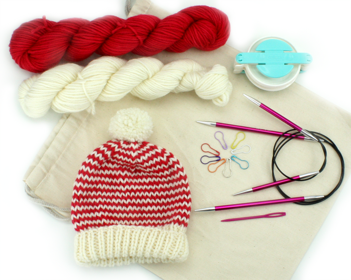Beginner Knit Kit—Classic Striped Beanie Style Hat (with beautiful Christmas red hand-dyed yarn)