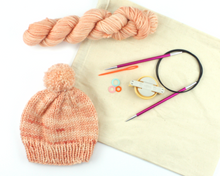 Load image into Gallery viewer, Beginner Knit Kit—Classic Beanie Style Hat (with beautiful coral hand-dyed yarn)
