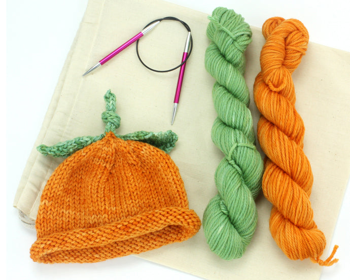 Beginner Knit Kit—'Lil Cutie' Baby Hat (with beautiful orange and green hand-dyed yarn)