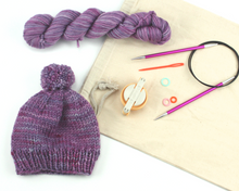 Load image into Gallery viewer, Beginner Knit Kit—Classic Beanie Style Hat (with beautiful grape hand-dyed yarn)
