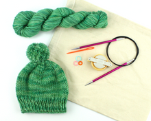 Load image into Gallery viewer, Beginner Knit Kit—Classic Beanie Style Hat (with beautiful green hand-dyed yarn)
