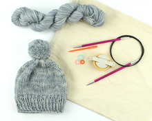 Load image into Gallery viewer, Beginner Knit Kit—Classic Beanie Style Hat (with beautiful gray hand-dyed yarn)
