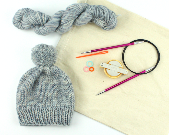 Beginner Knit Kit—Classic Beanie Style Hat (with beautiful gray hand-dyed yarn)