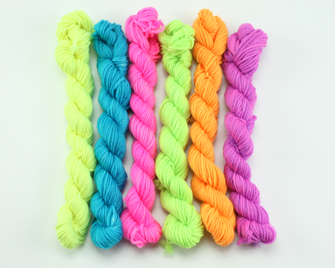 Mini Skein Neon Rainbow Colors—Set of 6—Hand-dyed yarn