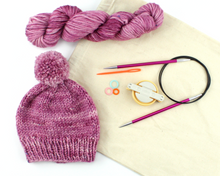 Load image into Gallery viewer, Beginner Knit Kit—Classic Beanie Style Hat (with beautiful raspberry hand-dyed yarn)
