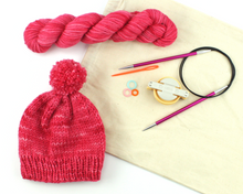 Load image into Gallery viewer, Beginner Knit Kit—Classic Beanie Style Hat (with beautiful red hand-dyed yarn)
